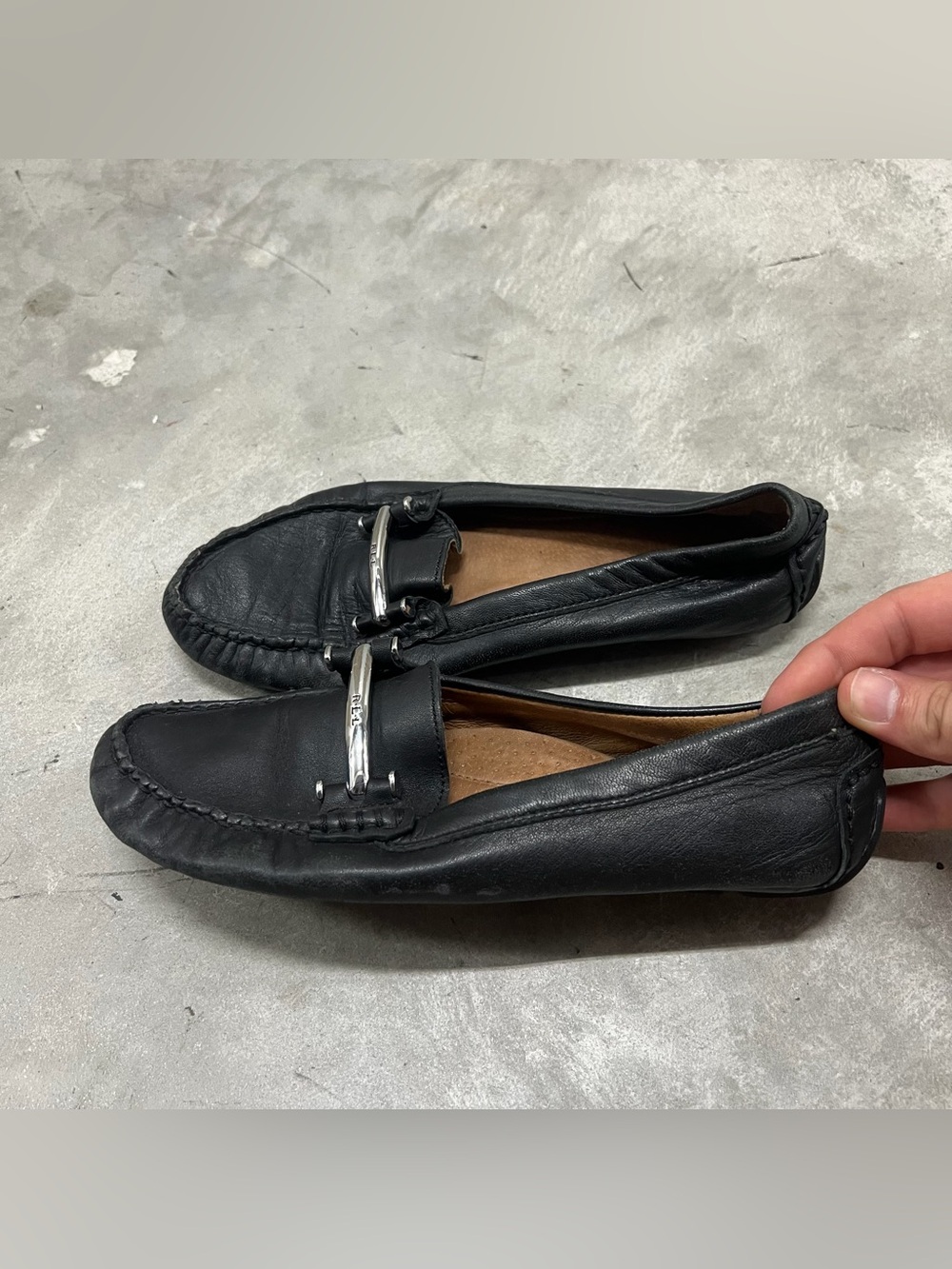 Ralph Lauren Caliana Black Leather Horsebit Driving Loafer Slip On Womens 7.5 B